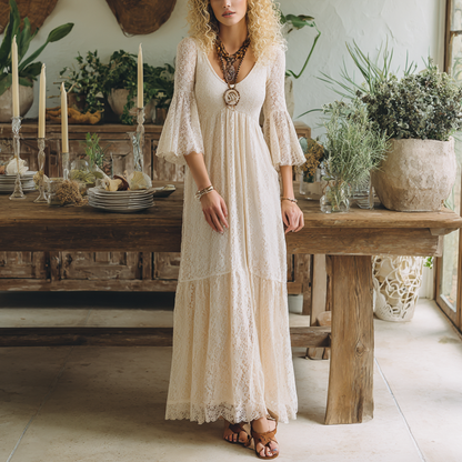 Lace Maxi Dress V-Neck Flared Sleeve Boho Long Dress For Women
