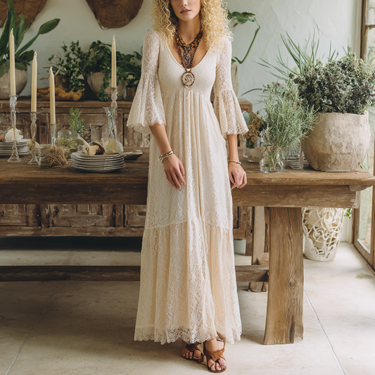 Lace Maxi Dress V-Neck Flared Sleeve Boho Long Dress For Women