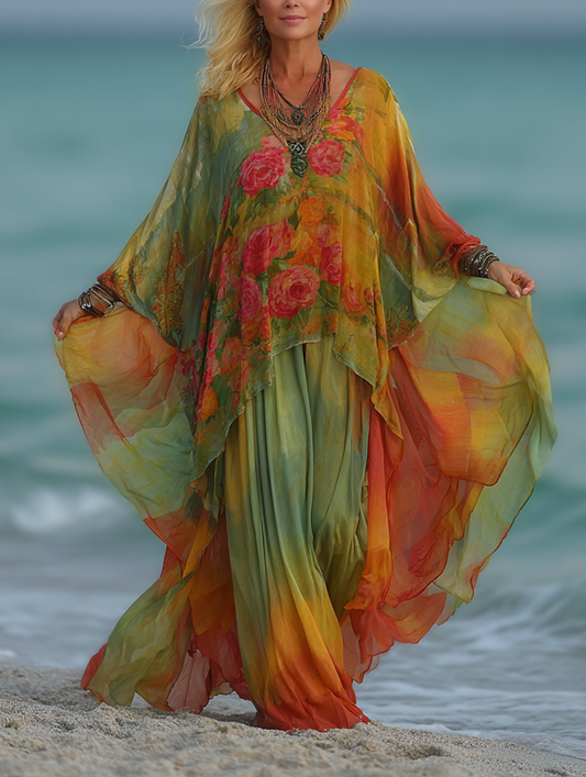 Beach color contrast retro top + pants set dd2a