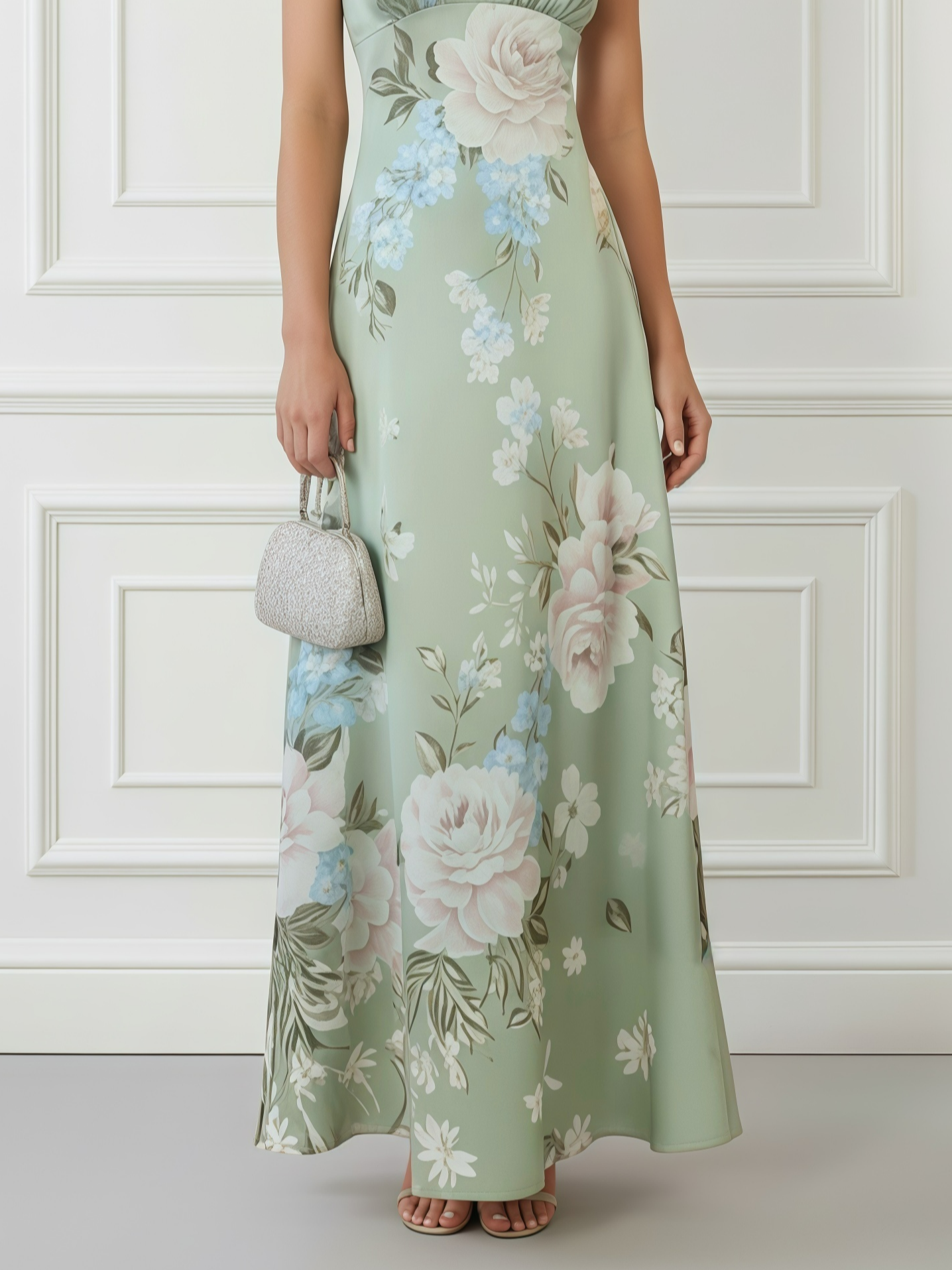 Light Green Floral Satin Mock Neck Sleeveless A-Line Maxi Dress
