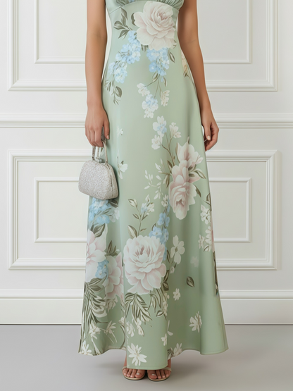 Light Green Floral Satin Mock Neck Sleeveless A-Line Maxi Dress