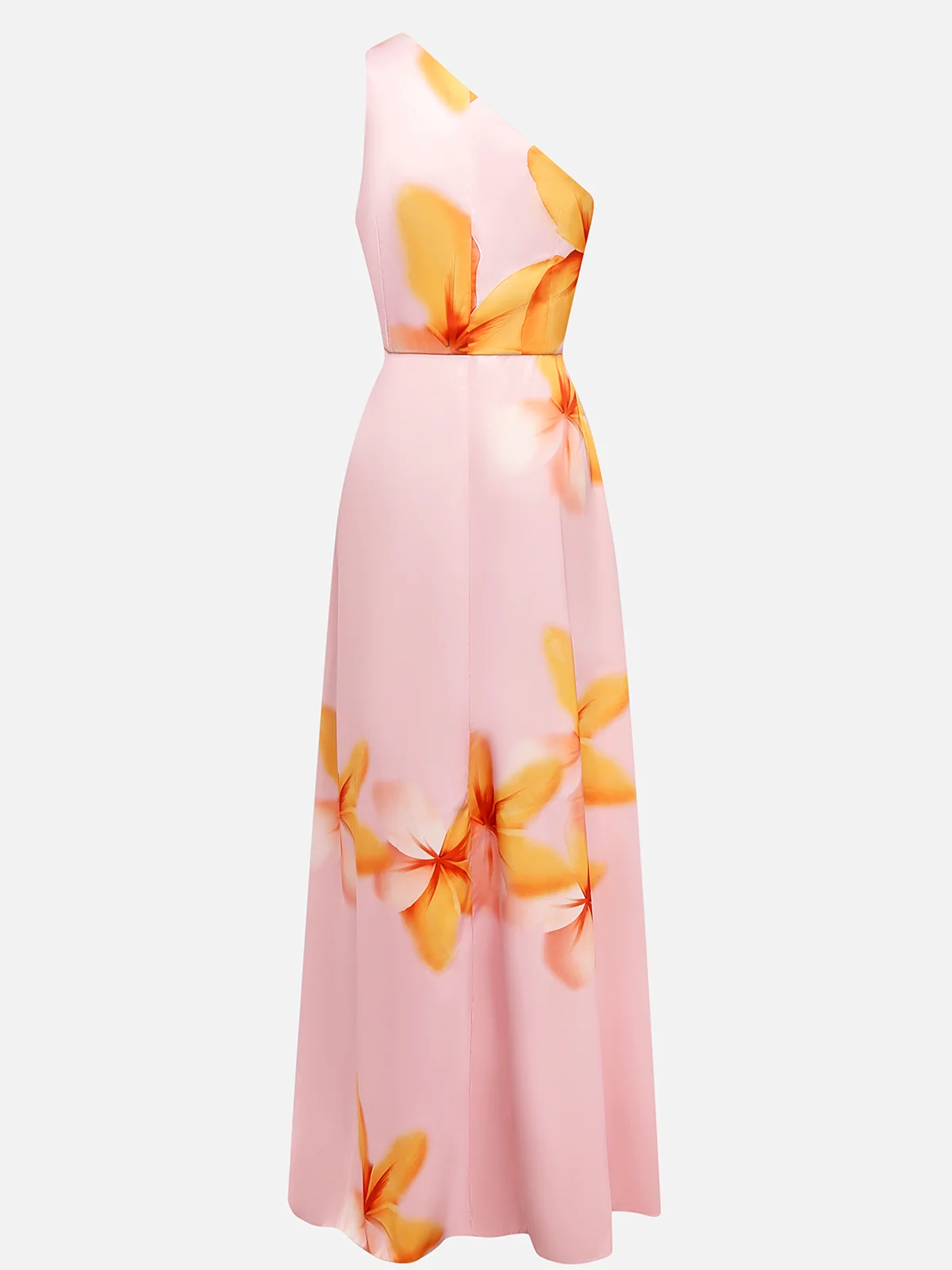 Pink Asymmetric Floral Classic One Shoulder Sleeveless A-Line Maxi Dress