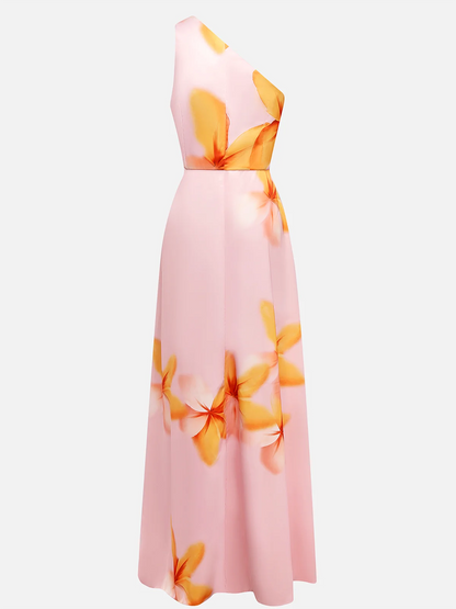 Pink Floral One-Shoulder Slit A-Line Gown