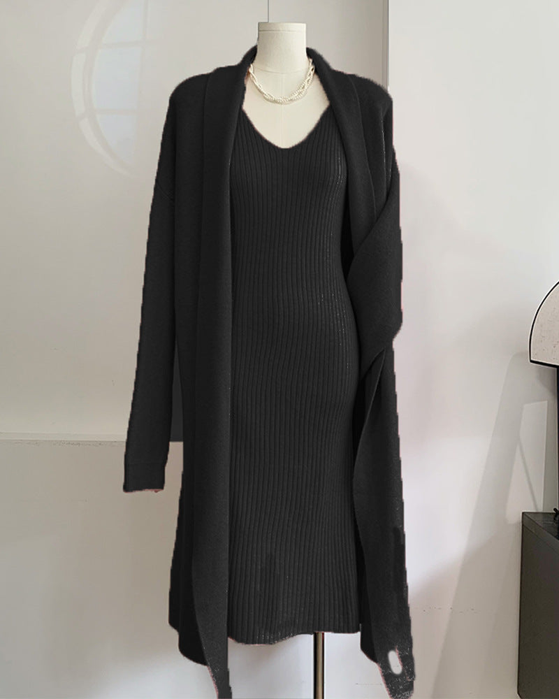 V-Neck Pullover Dress & Sweater Cardigan Set