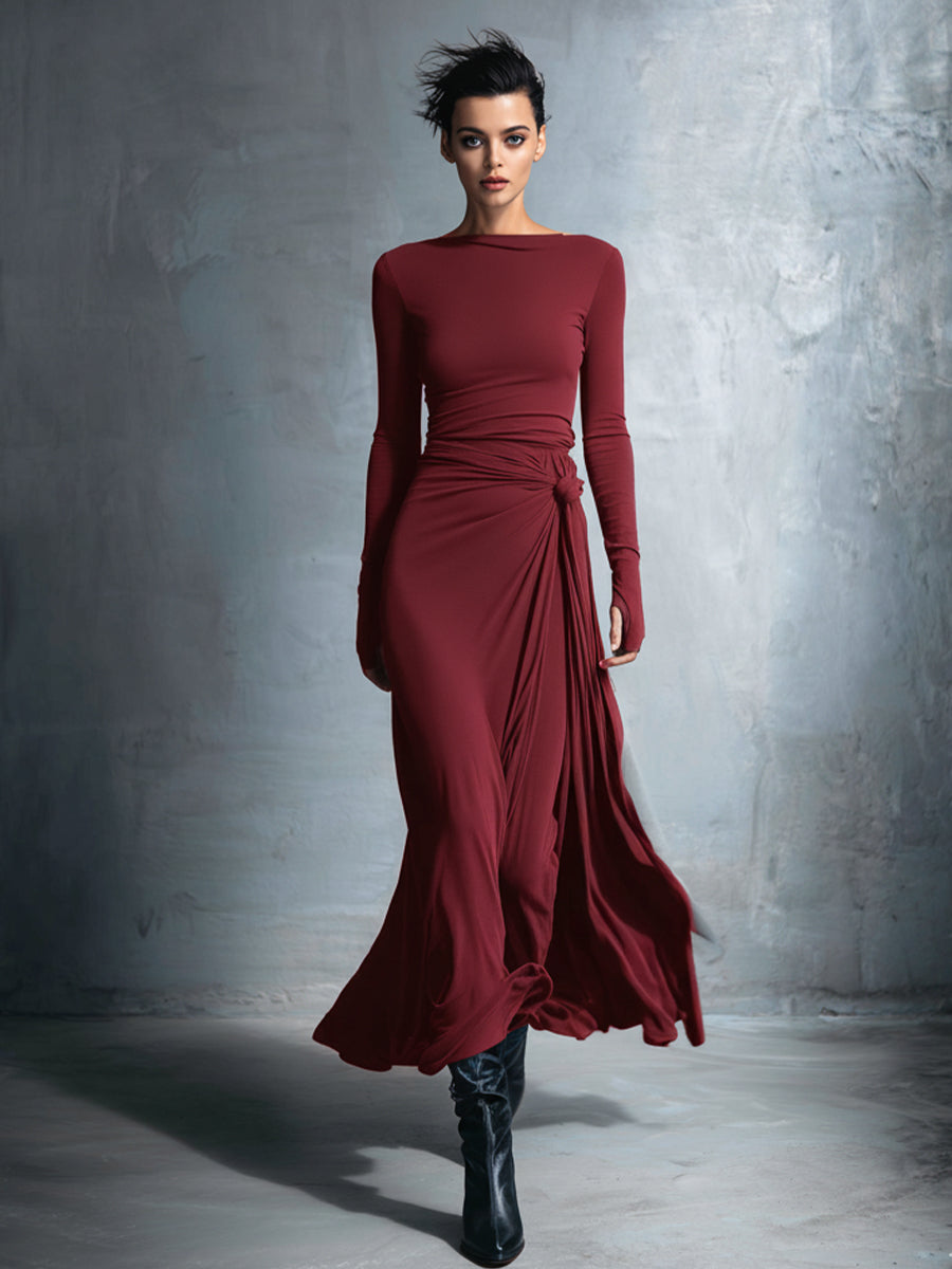 Women's Gray Exquisite Stretch Polyester-Cotton Blend Wrap Dress - Knotted Maxi Dress