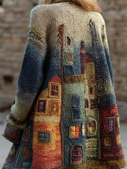 Street Buildings Colorblock Crochet Gradient Cozy Cardigan