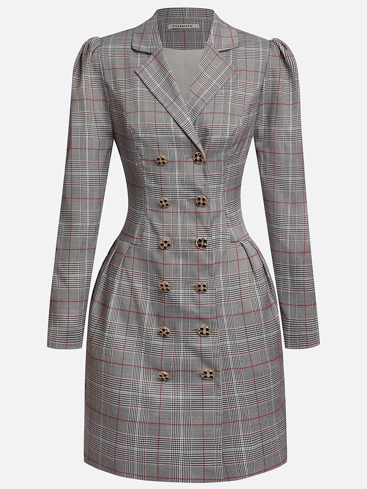 Gray Buckle Shoulder Pad Blazer Lapel Collar Long Sleeve A-Line Mini Dress