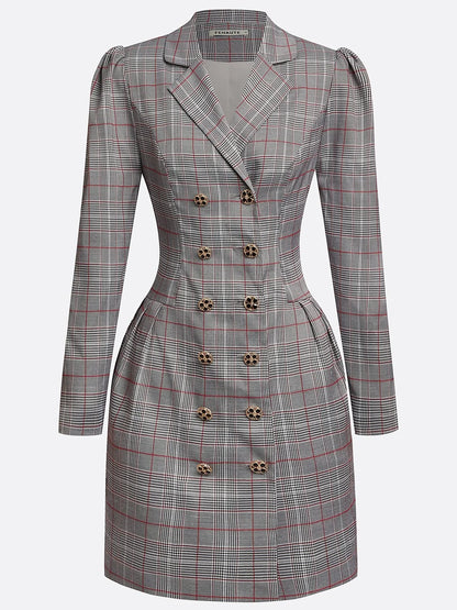 Gray Buckle Shoulder Pad Blazer Lapel Collar Long Sleeve A-Line Mini Dress