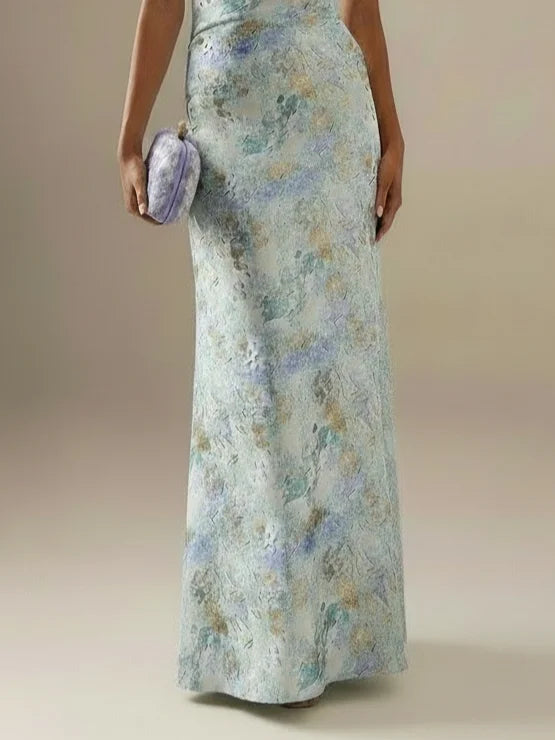 Light Blue Floral Jacquard Satin Strapless Sleeveless Sheath Floor Length Dress