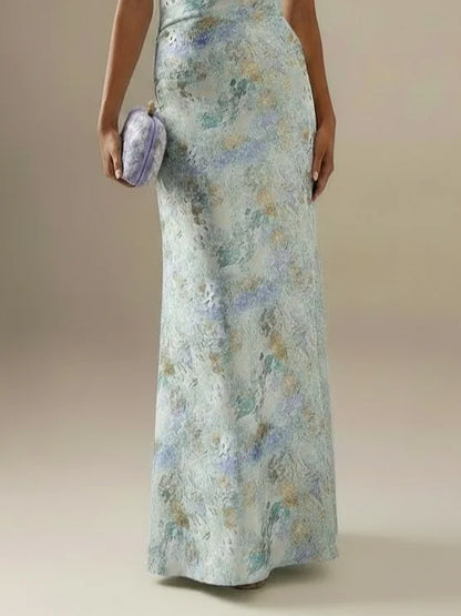 Light Blue Floral Jacquard Satin Strapless Sleeveless Sheath Floor Length Dress