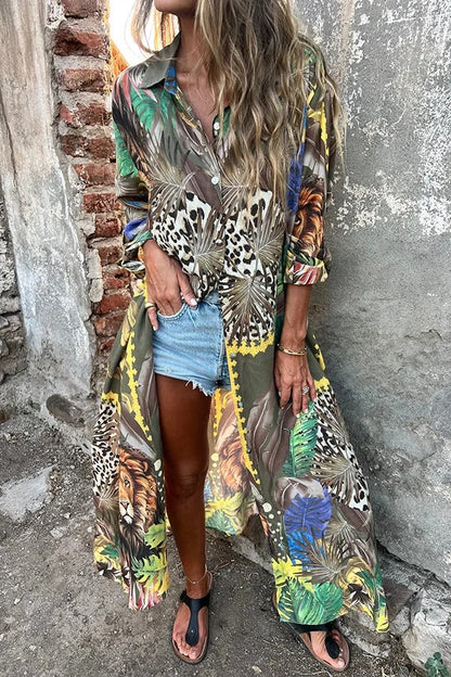 Jungle Miracle Animal Unique Print Button Long Sleeve Midi Relaxed Blouse
