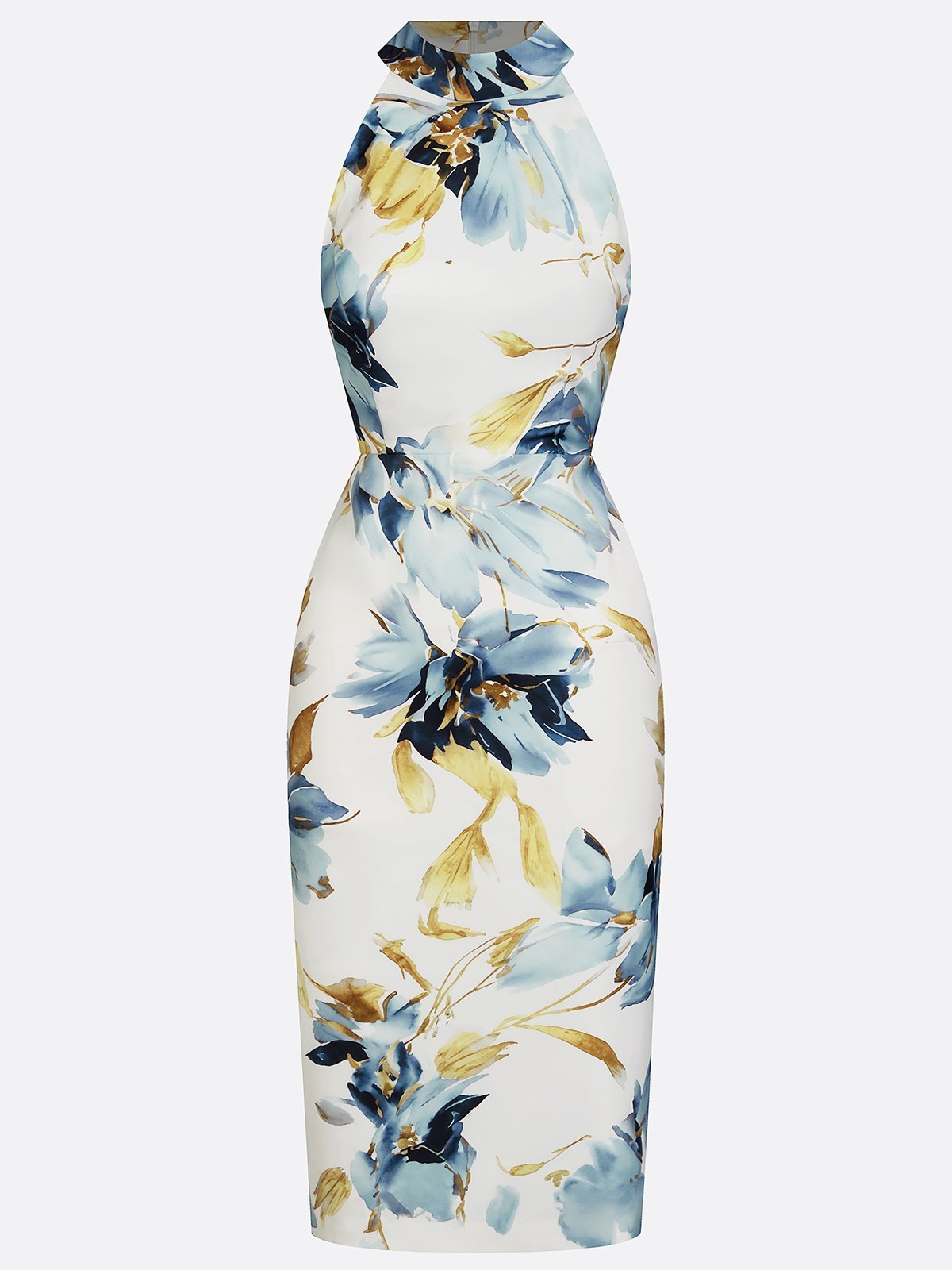 Blue Floral Satin Halter Sleeveless Sheath Midi Dress