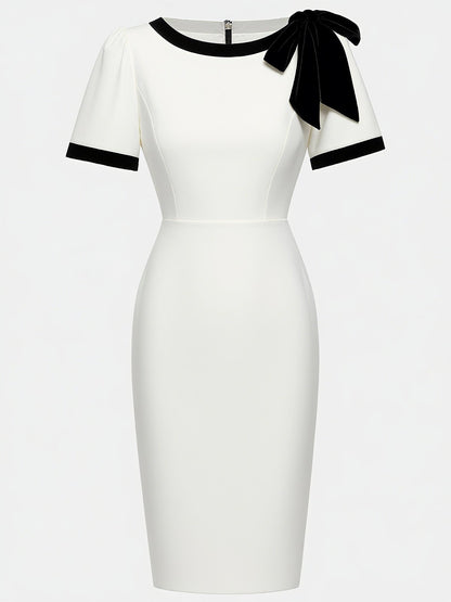 Black Bow Short Sleeve Sheath Midi Dress