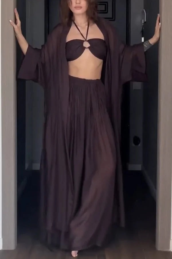 Flowy Linen Blend Halter Tank & Elastic Waist Tie-up Wide Leg Pants & Kimono Cover-Ups 3pieces Set