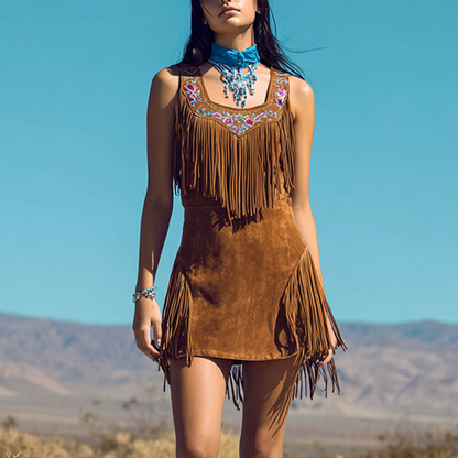 Country Concert Outfit Suede Fringe Mini Dress With Embroidered Neckline Boho Western Style Women's Summer Dress