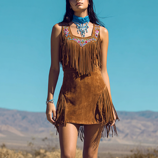 Country Concert Outfit Suede Fringe Mini Dress With Embroidered Neckline Boho Western Style Women's Summer Dress