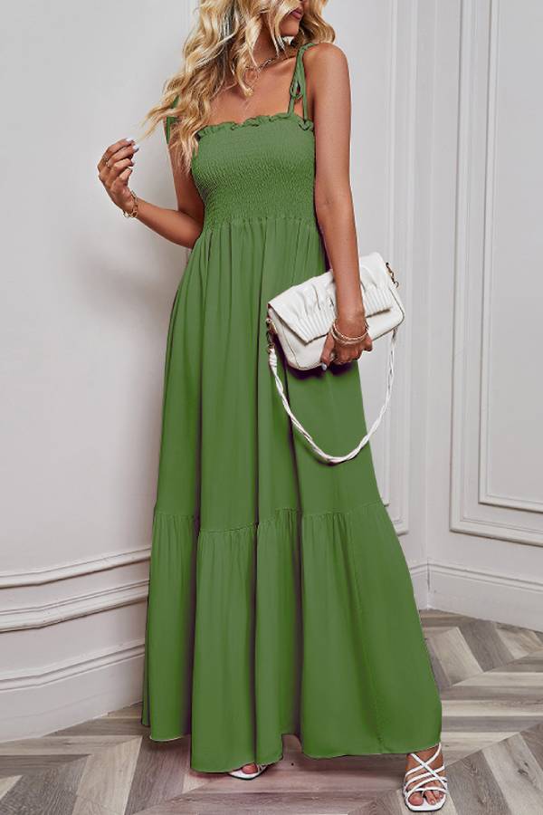 Multi-Color Smocked Tie-Strap Tiered Maxi Dress