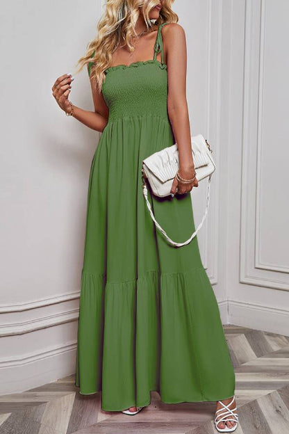 Multi-Color Smocked Tie-Strap Tiered Maxi Dress