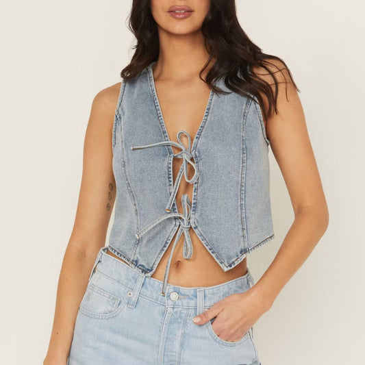 Denim Lace-Up Cropped Vest Top With Deep V-Neck