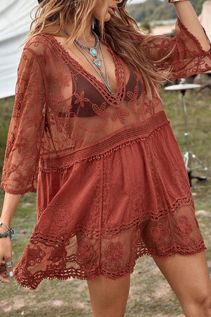 Multi-Color Bohemian Crochet Lace Embroidered V-Neck 3/4 Sleeve Loose Beach Cover Up Mini Dress