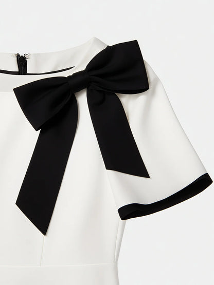 Black Bow Short Sleeve Sheath Midi Dress