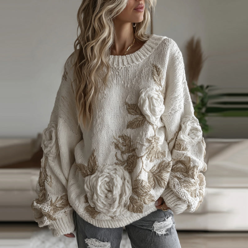 Women's Vintage White Rose Art Cozy Knit Sweater