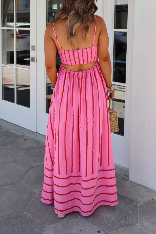 Cherry Blossom Striped Maxi Dress Pink Multi
