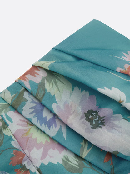 Cyan Floral Ruched Tulle One Shoulder Sleeveless A-Line Midi Dress