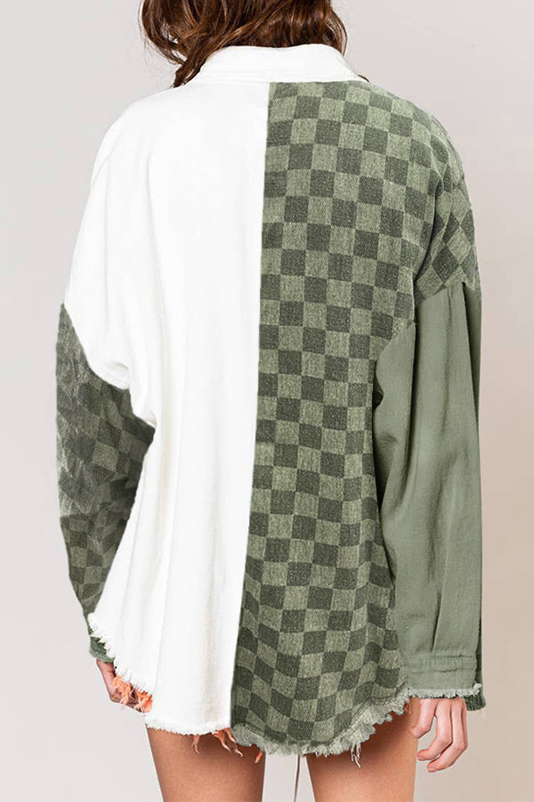 Check Panel Fringe Denim Jacket