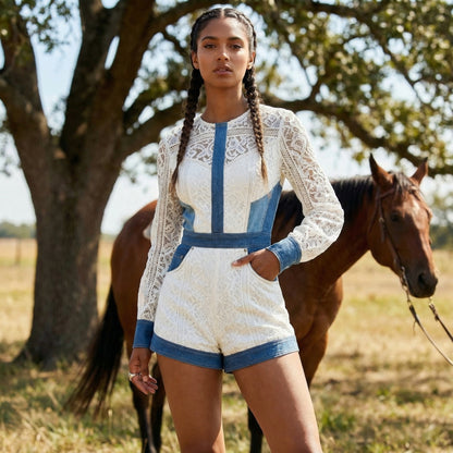 Lace Color-blocked Denim Long-sleeved Jumpsuit, Western-style Women's Round Neck Jumpsuit Shorts