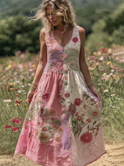 Women's Embroidered Rose Patchwork Maxi Dress