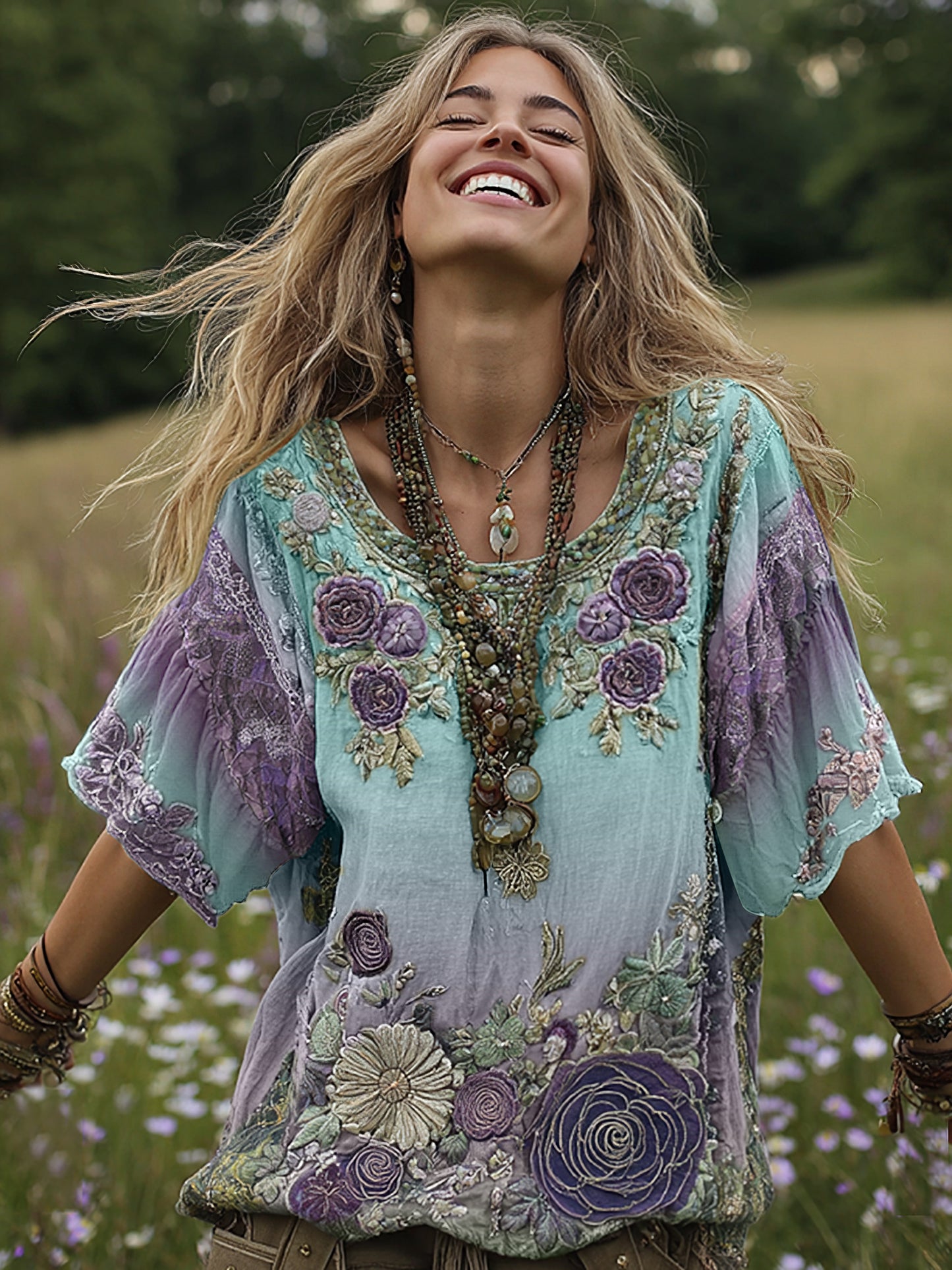 Classy Gradient Purple Lavender And Floral Embroidered Linen Short Sleeve T-shirt 2a25