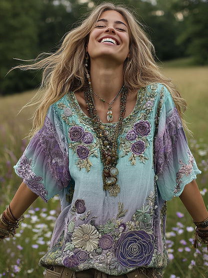 Classy Gradient Purple Lavender And Floral Embroidered Linen Short Sleeve T-shirt 2a25