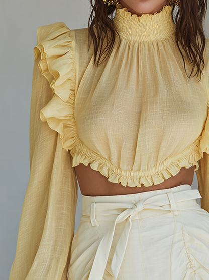 Women's Yellow Linen-Blend Crop Top With Ruffled Sleeves & Smocked Neck, Timeless Romantic Blouse MDZ2580D2LYL