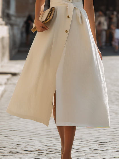 Sleeveless Button-Front Wrap-Style Midi Dress With Tie Waist