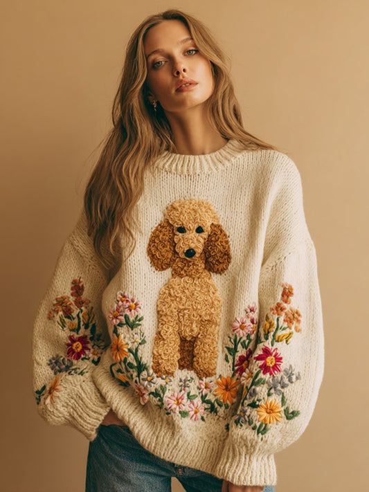 Vintage Fuzzy Dog Colorful Wildflower Embroidery Crochet Cozy Knit Sweater