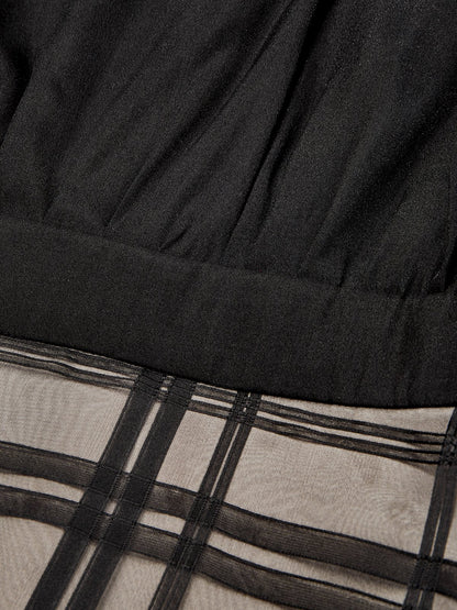 Black Organza Plaid Classic Mock Neck Sleeveless A-Line Midi Dress
