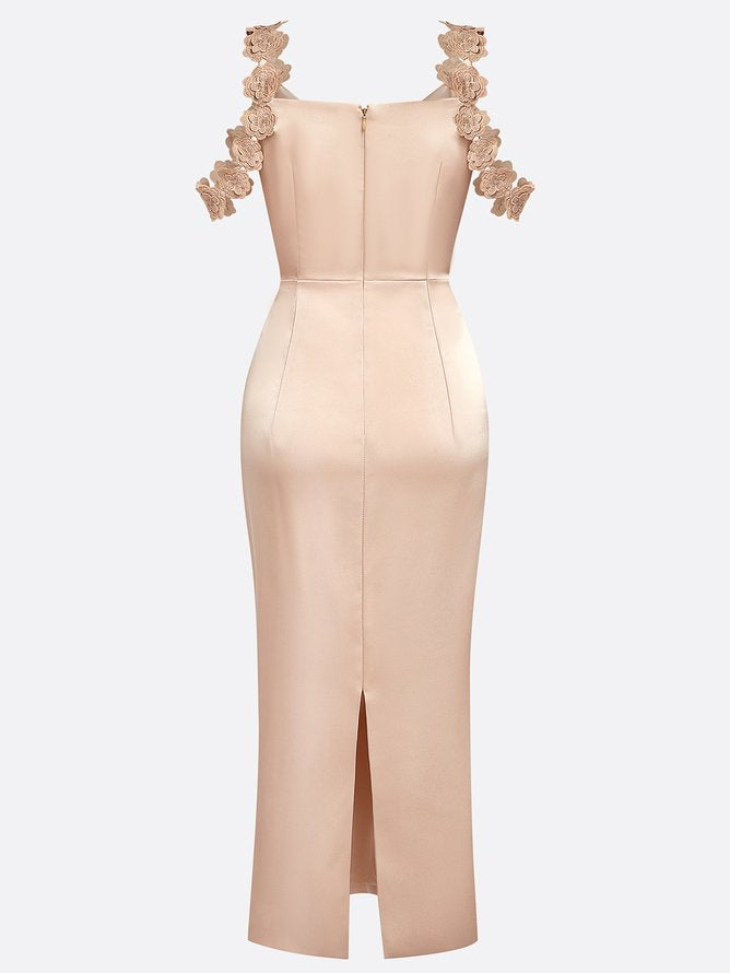 Champagne 3D Floral Satin Cowl Neck Sleeveless Sheath Midi Dress