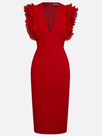 Red Peplum Classic V Neck Sleeveless Sheath Midi Dress