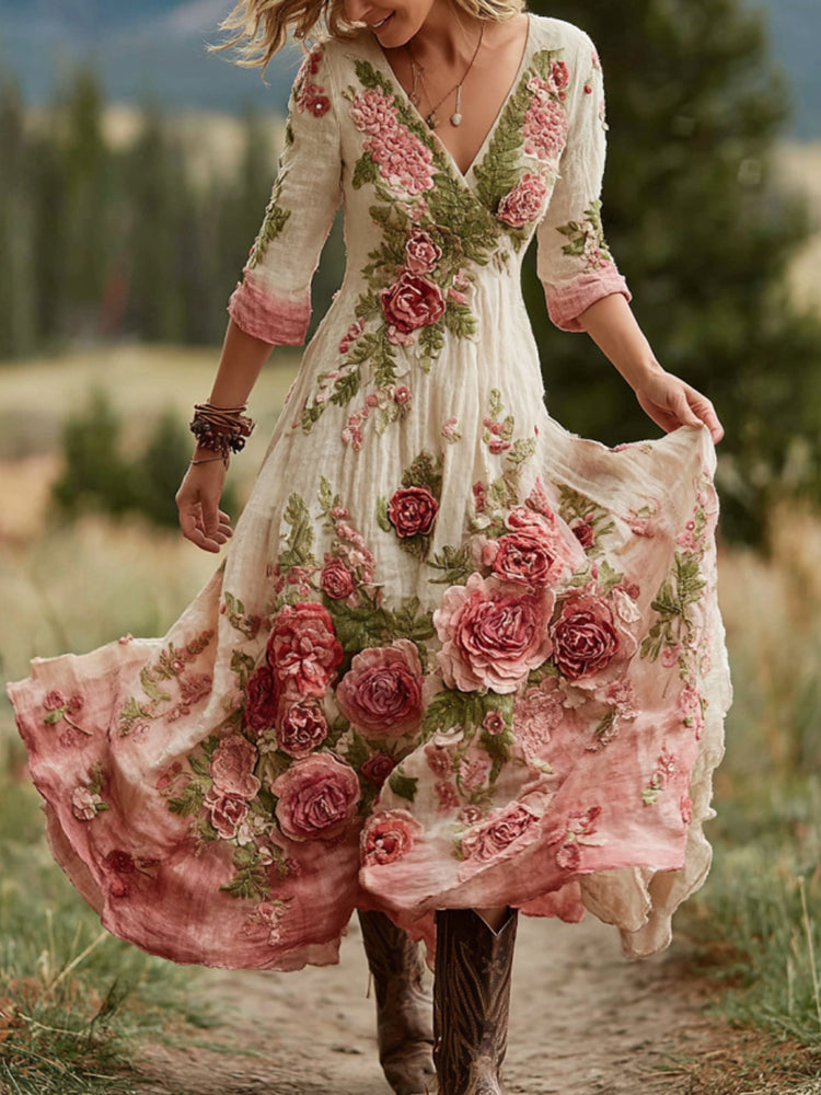 Women's Vintage Rose Floral Art V Neck Linen Blend Comfy Maxi Dress 3771