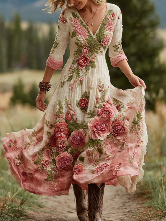 Women's Vintage Rose Floral Art V Neck Linen Blend Comfy Maxi Dress 3771