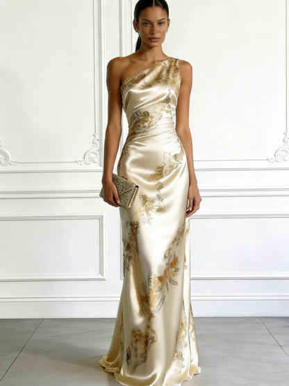 Beige Floral Satin One Shoulder Sleeveless Sheath Floor-length Gown Dress