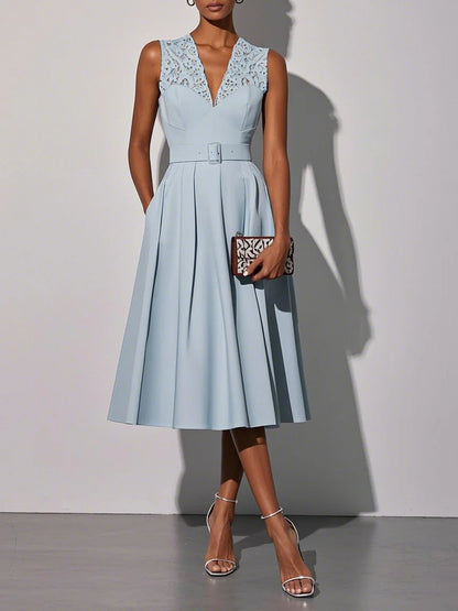 Light Blue Lace V Neck Sleeveless A-Line Midi Dress