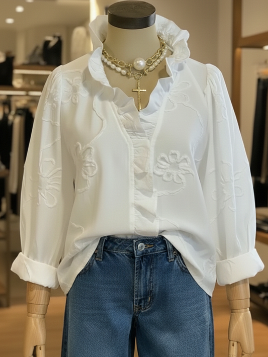 Elegant Ruffled Collar Embroidered Floral Shirt