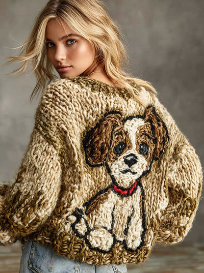 Women's Funny Dog Knitted Jacquard Crew Neck Sweater