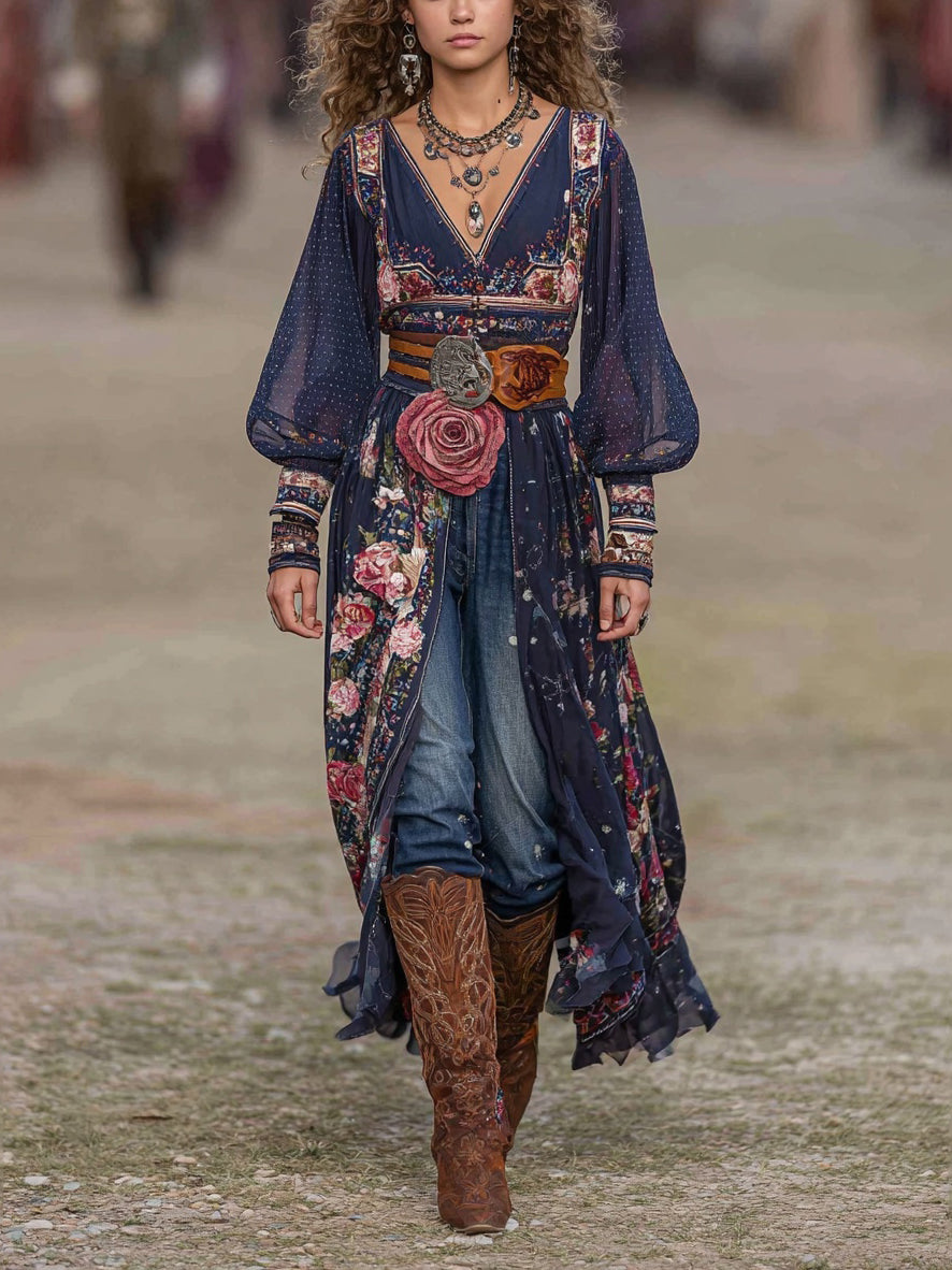 Bohemian Floral Print Chiffon Long Dress With V-Neck And Puff Sleeves For Women