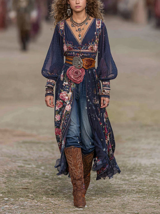 Bohemian Floral Print Chiffon Long Dress With V-Neck And Puff Sleeves For Women