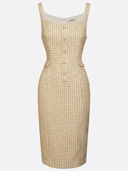Golden Buckle Pocket Stitching Tweed Spaghetti Sleeveless Sheath Midi Dress