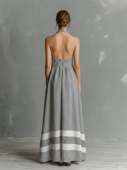 Women's Casual Grey & White Striped Halter-Neck Sleeveless Woven Maxi Dress MDZ0314D2LXY