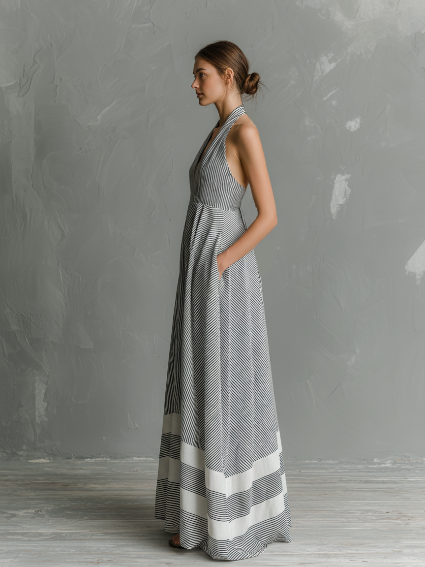 Women's Casual Grey & White Striped Halter-Neck Sleeveless Woven Maxi Dress MDZ0314D2LXY